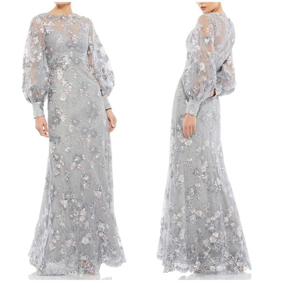 Mac Duggal NWT Long Sleeve Embellished Evening Gown Platinum Size 18 Sequin - Picture 1 of 10